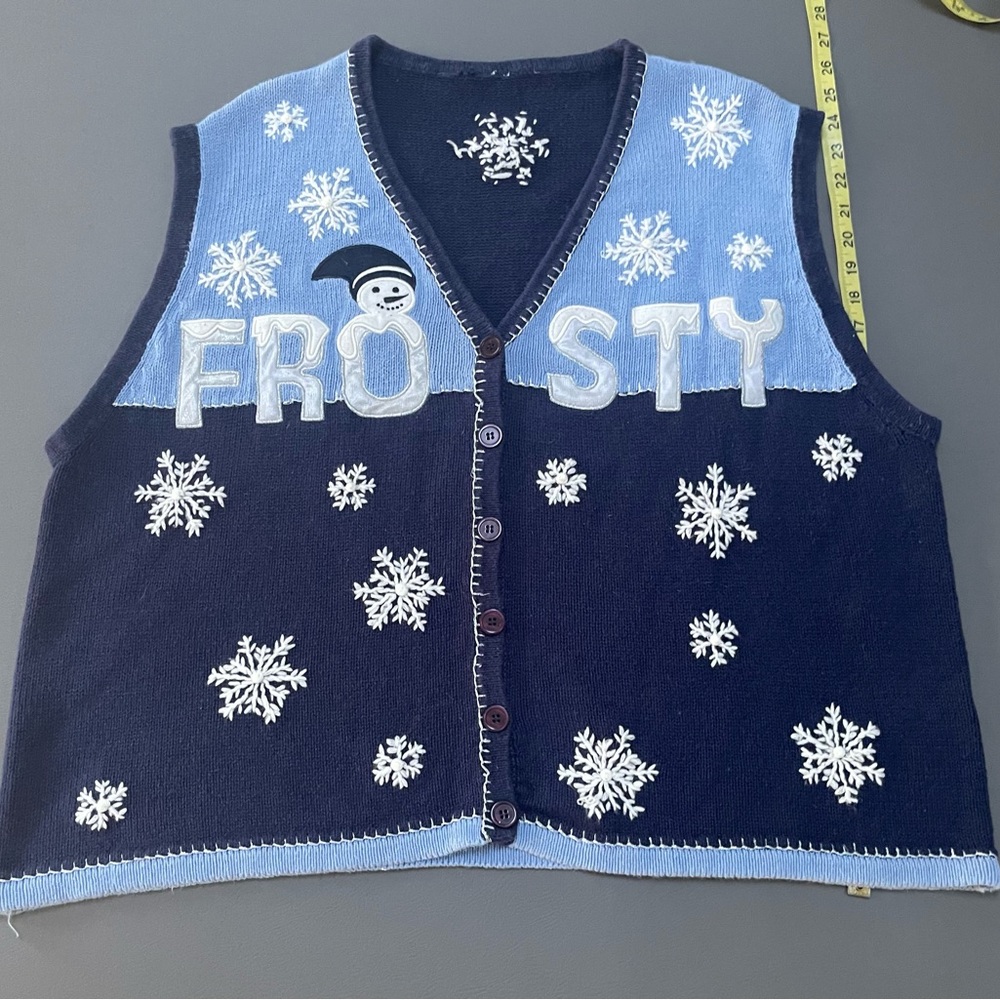Blue Frosty Sweater Vest with embroidered snowflakes